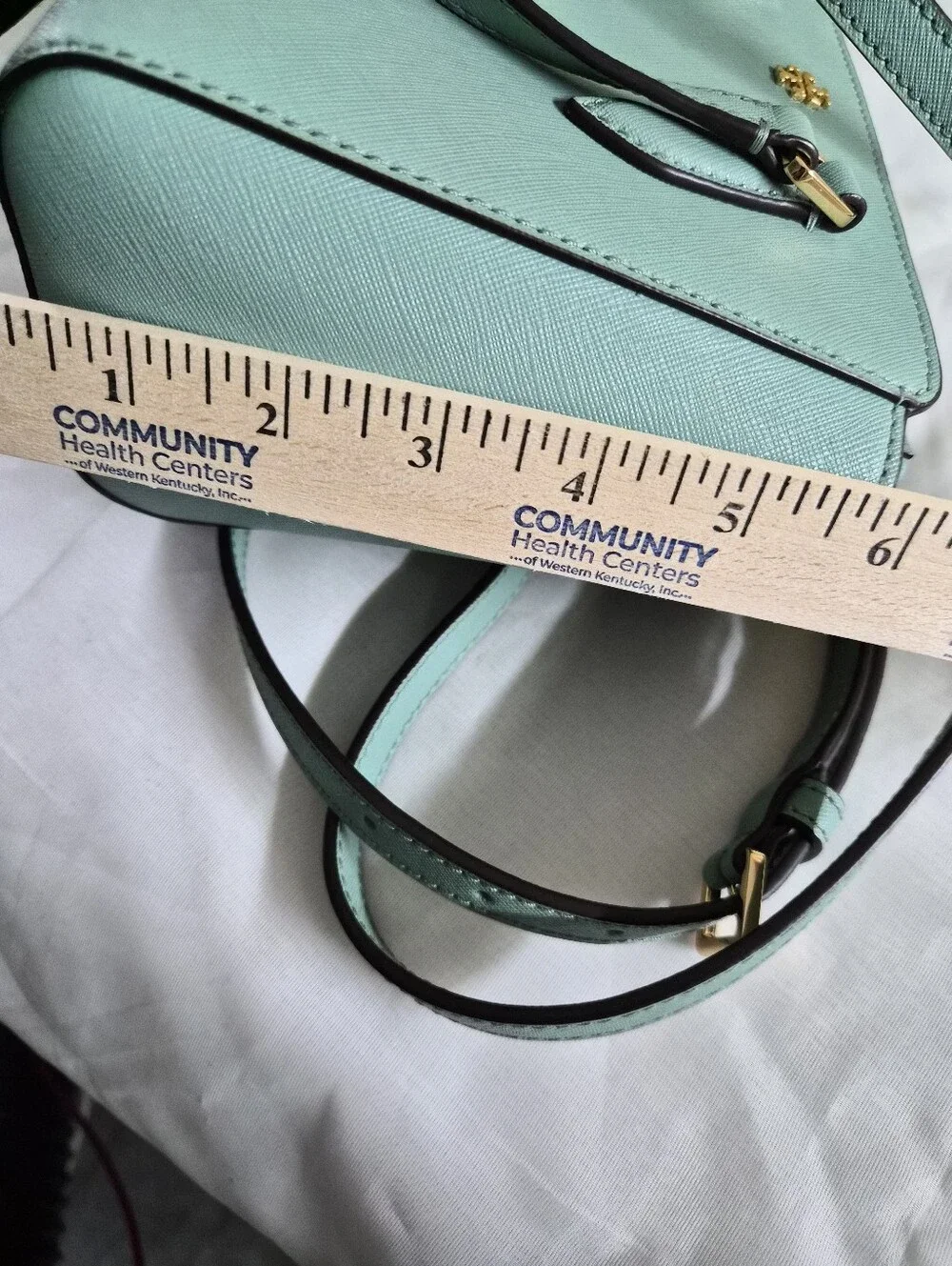 Tory Burch Light Blue Mini Saffiano Satchel with Gold Hardware